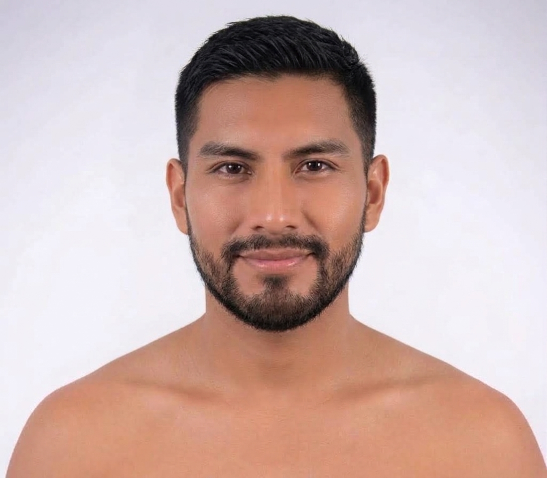 Rostro masculino de frente, referencia de trasplante capilar FUE