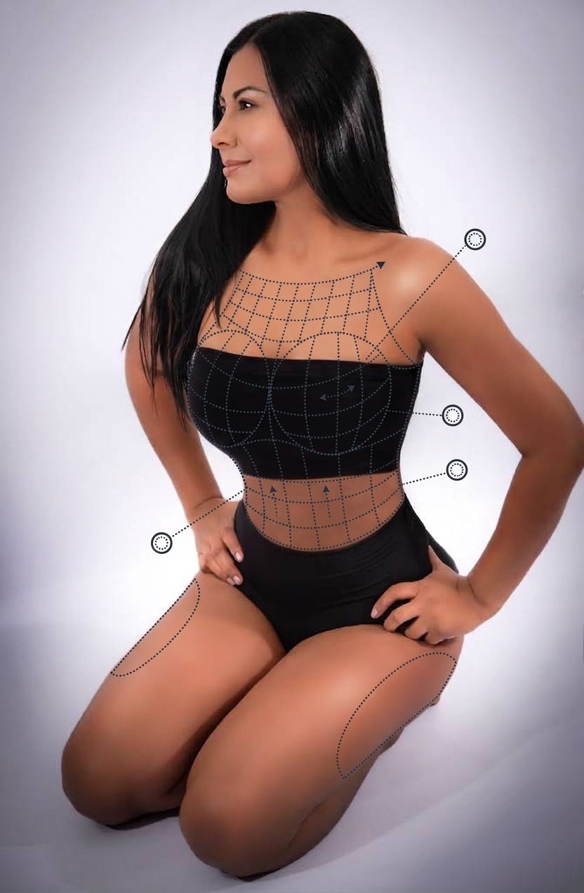 Torso femenino con mapeo de marcación sobre el busto, referencia de aumento mamario